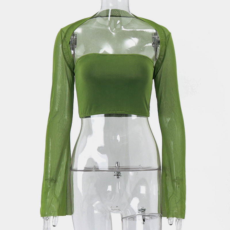 Green Mesh Flare Shawl + Tude Top