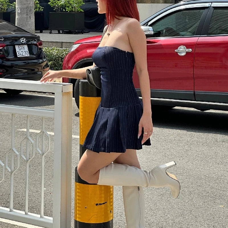 Striped A-Line Pleated Dress