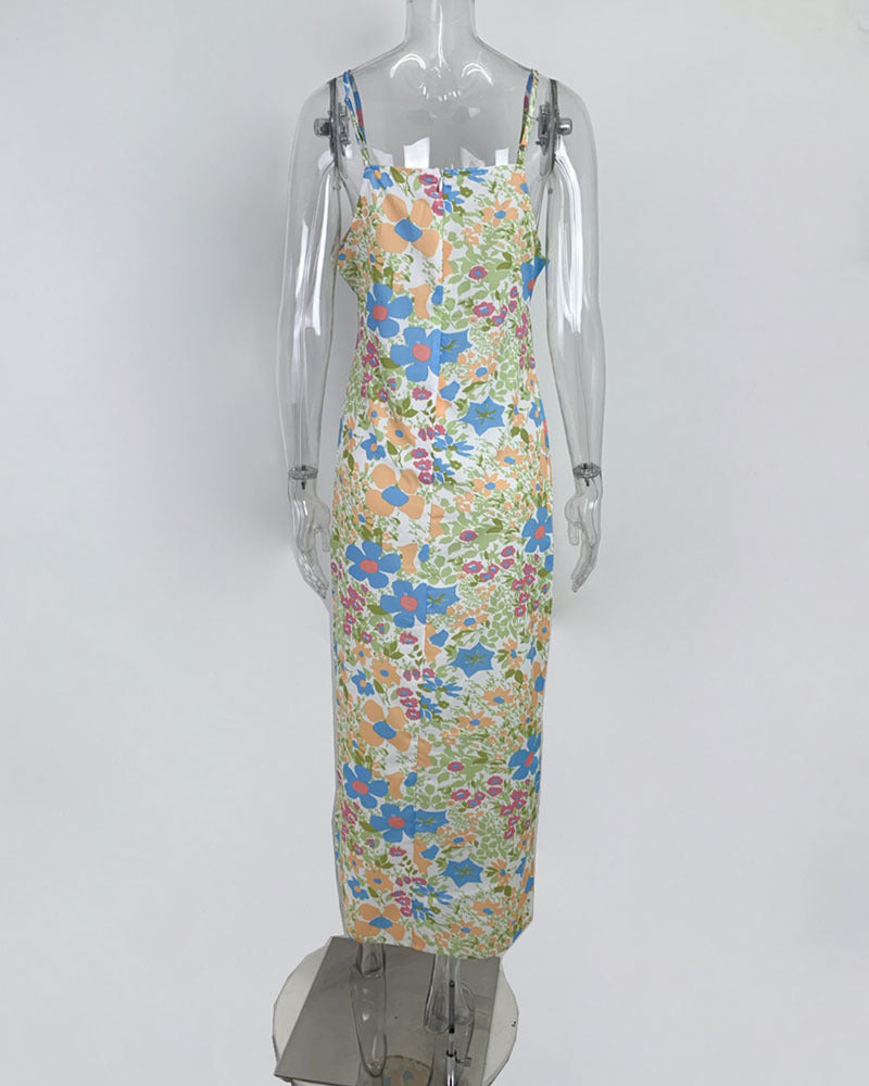 Floral Square Collar Long Bodycon Dress