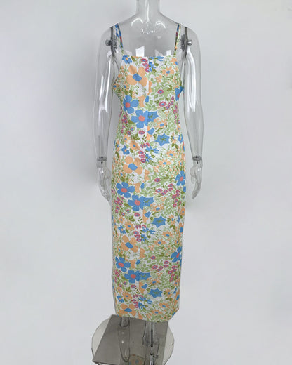 Floral Square Collar Long Bodycon Dress