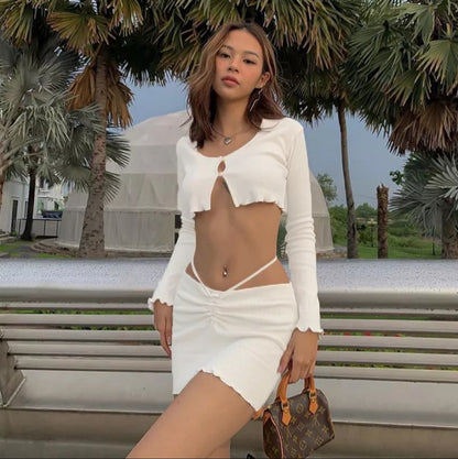 Cute 2pcs Set Ribbed Lace Up Hollow Out Crop Top Cardigan + Mini Skirt Bodycon Summer Aesthetic Casual E-Girl Kawaii Korean Japanese Harajuku