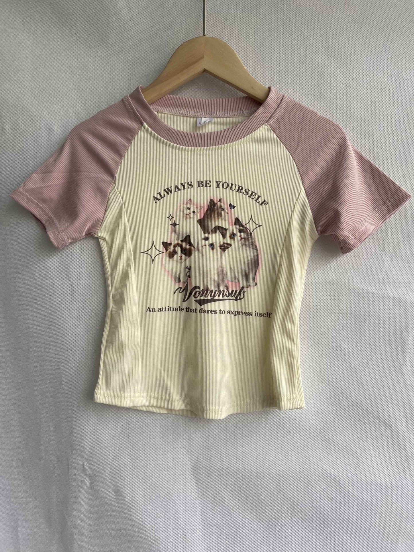 Cat Cartoon Patchwork Print Short Sleeve T-shirt
