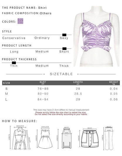 Cute Sexy Purple Silk V Neck Ruffled Blouse Crop Top Shirt Tee T-shirt Kawaii Korean Japanese Harajuku Chinese Retro Streetwear Aesthetic Fashion