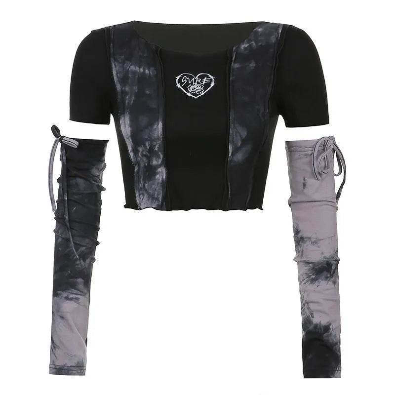 Black & Grey Patchwork Crop Top with Sleeve