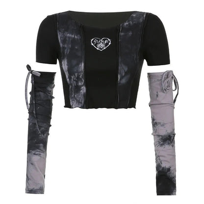 Black & Grey Patchwork Crop Top with Sleeve