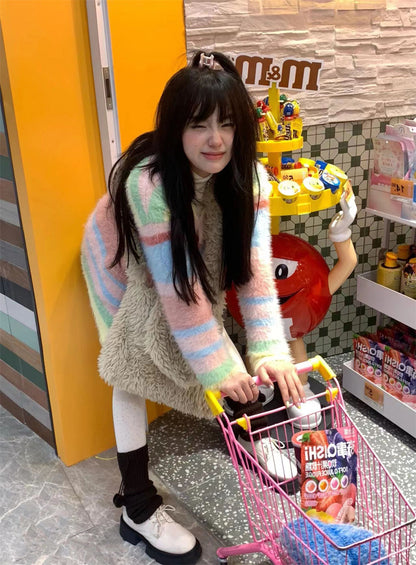 Fluffy Rainbow Stripe Cardigan