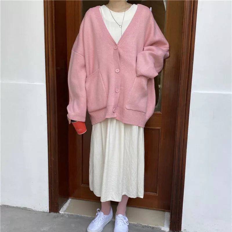Cute Baby Pink V Neck Chic Loose Oversized Knit Cardigan Long Sleeve Sweater Jumper Aesthetic Casual Summer E-Girl Kawaii Korean Japanese Harajuku