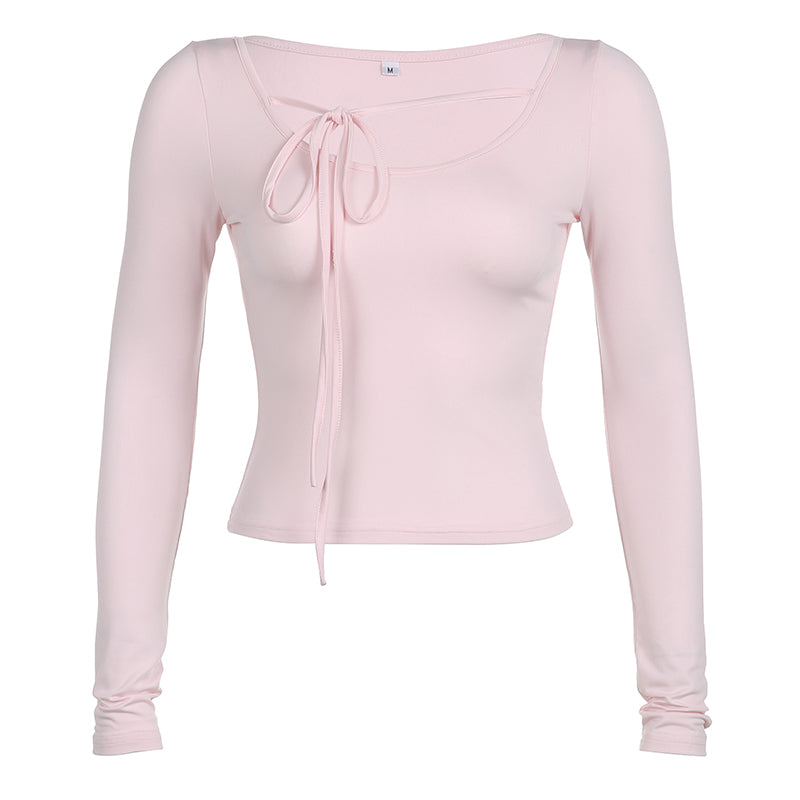 Sweet Lace Up Slash Neck Long Sleeve Shirt