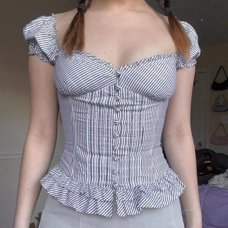 Plaid Milkmaid Ruffle Puff Sleeve Top
