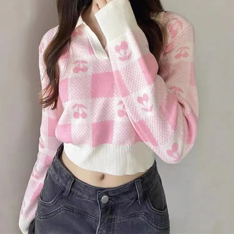 Cherry Plaid Polo Collar Sweater