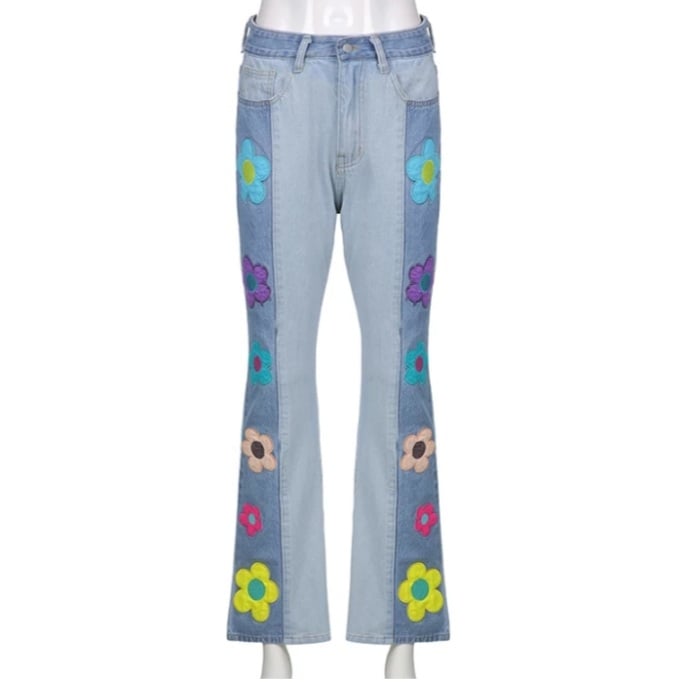 Cute Vintage Flower Patchwork High Waisted Denim Jean Trouser Pants Indie Punk Aesthetic Casual Summer E-Girl Kawaii Korean Japanese Harajuku