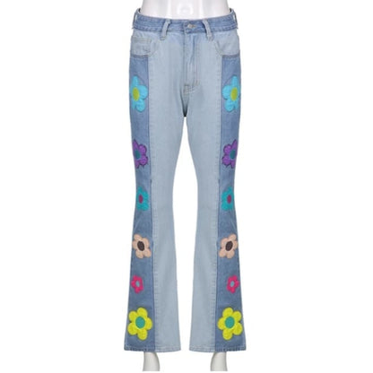 Cute Vintage Flower Patchwork High Waisted Denim Jean Trouser Pants Indie Punk Aesthetic Casual Summer E-Girl Kawaii Korean Japanese Harajuku