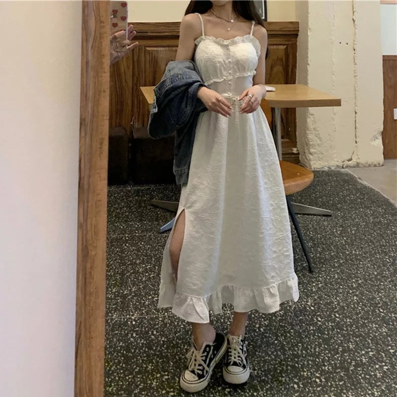 Cute White Ruffle Maxi Dress Fairy Strap Tank Lace Sundress Party Cottage Aesthetic Casual Summer E-Girl Kawaii Korean Japanese Harajuku