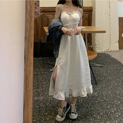 Cute White Ruffle Maxi Dress Fairy Strap Tank Lace Sundress Party Cottage Aesthetic Casual Summer E-Girl Kawaii Korean Japanese Harajuku