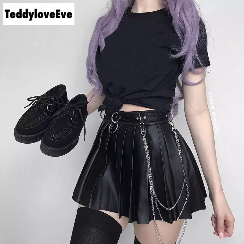 Sexy Black Goth Grunge Punk Summer Zipper Rivet Pleated PU Skirt Metal Ring Hallow Out E-Girl Kawaii Korean Japanese Harajuku Streetwear