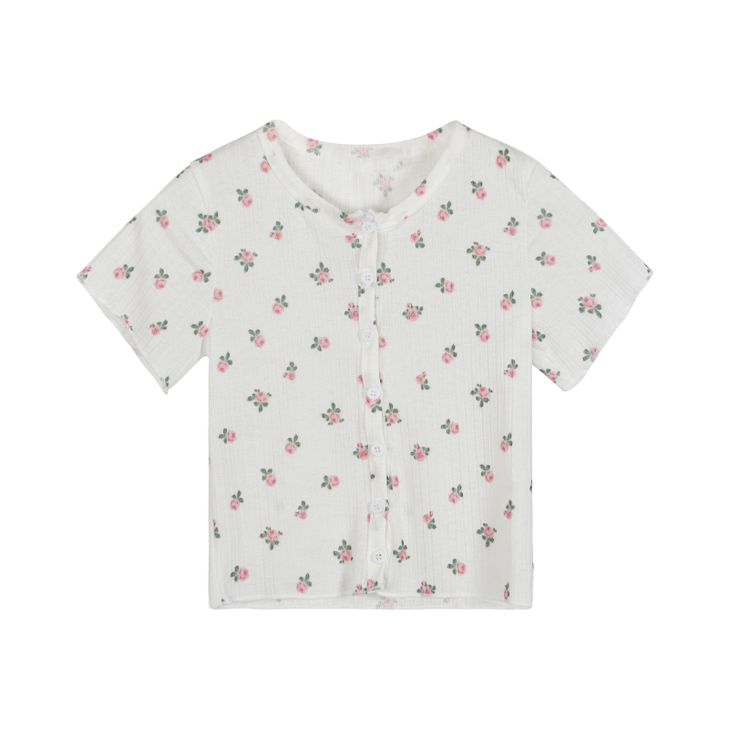 Cute Flower Rose Button Up Crop Top Short Sleeve Shirt T-shirt Tee Top Kawaii Korean Japanese Harajuku Chinese Retro Streetwear Aesthetic Fashion