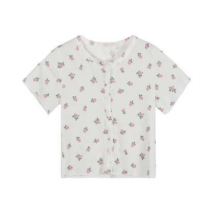 Cute Flower Rose Button Up Crop Top Short Sleeve Shirt T-shirt Tee Top Kawaii Korean Japanese Harajuku Chinese Retro Streetwear Aesthetic Fashion