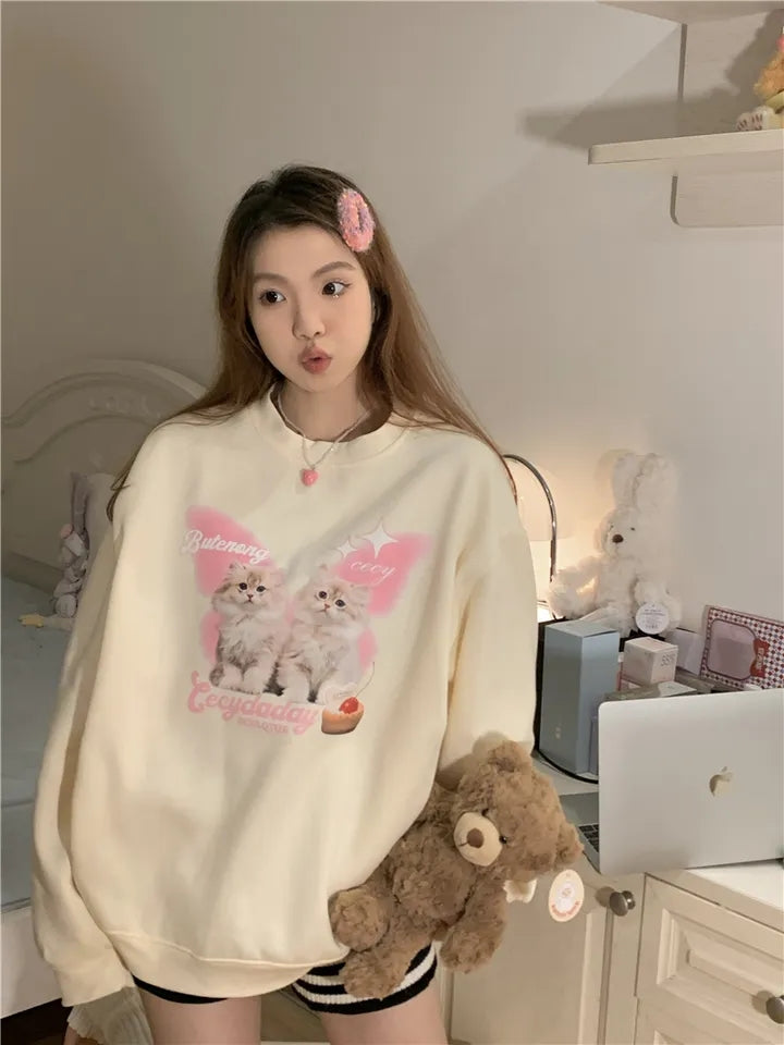 Cat Print Long Sleeve Sweatshirt
