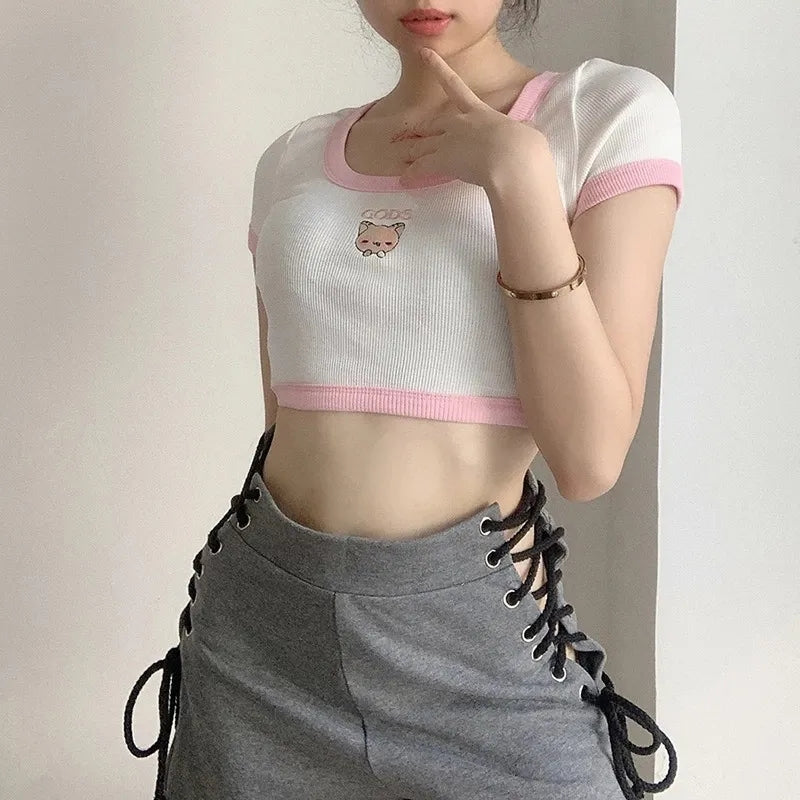 Cat Embroidery Patchwork Crop Top