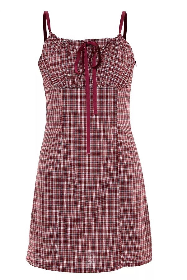 Cute Plaid Checkered A-line Spaghetti Strap Bow Summer Short Dress Kawaii Korean Japanese Harajuku Chinese Retro Streetwear Aesthetic Fashion