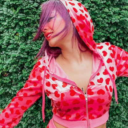 Cute Pink Heart Print Velvet Tracksuit Set Long Sleeve Cropped Hoodie + Sweatpants Aesthetic Casual Summer E-Girl Kawaii Korean Japanese Harajuku
