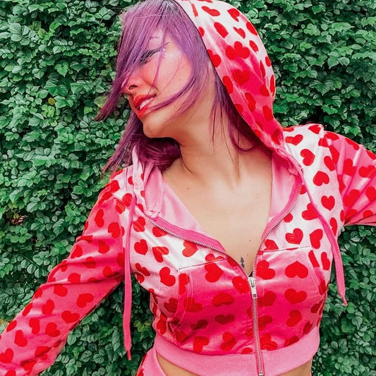Cute Pink Heart Print Velvet Tracksuit Set Long Sleeve Cropped Hoodie + Sweatpants Aesthetic Casual Summer E-Girl Kawaii Korean Japanese Harajuku