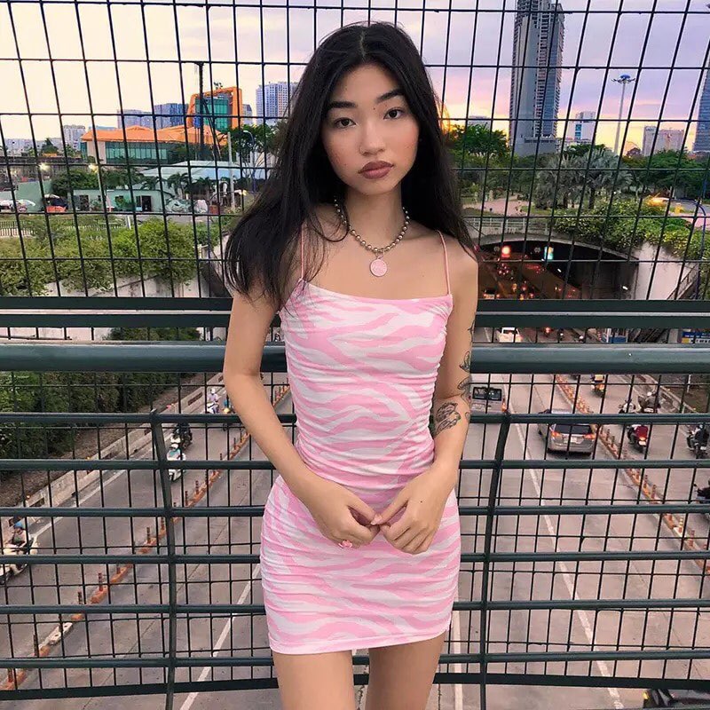 Pink Zebra Print Backless Bodycon Dress Party Club Summer Aesthetic Casual E-Girl Kawaii Korean Japanese Harajuku