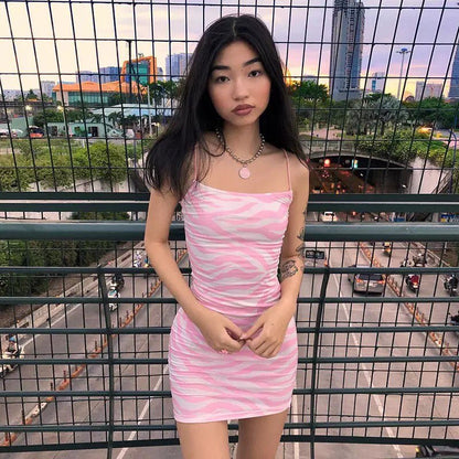 Pink Zebra Print Backless Bodycon Dress Party Club Summer Aesthetic Casual E-Girl Kawaii Korean Japanese Harajuku