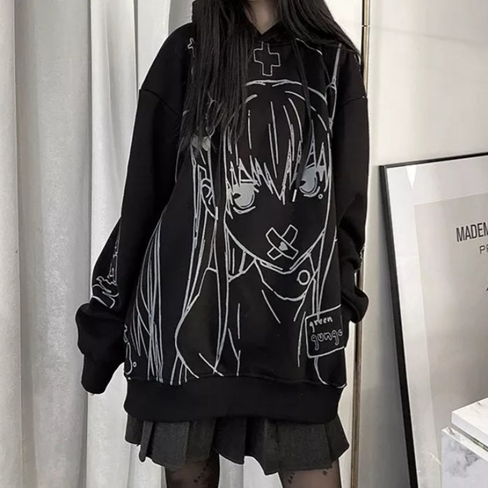 Cute Black Goth Anime Hoodie Grunge Loose Long Sleeve Shirt Aesthetic Casual E-Girl Kawaii Korean Japanese Harajuku