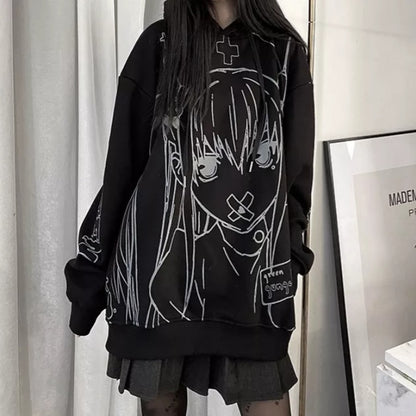 Cute Black Goth Anime Hoodie Grunge Loose Long Sleeve Shirt Aesthetic Casual E-Girl Kawaii Korean Japanese Harajuku