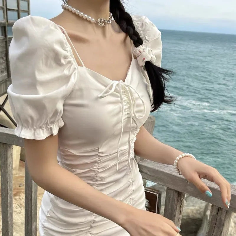 White Puff Sleeve Drawstring Ruched Mini Dress