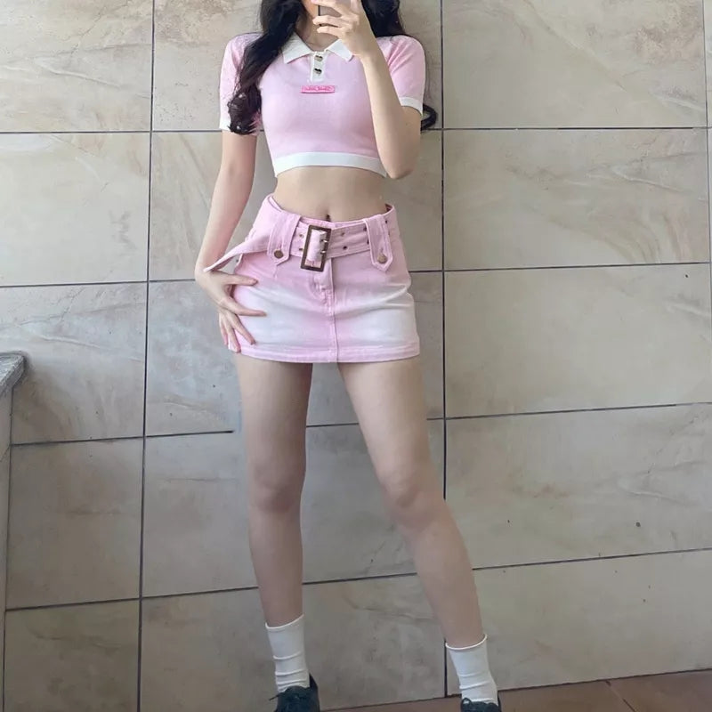 Pink Denim Low Waist Belt A-Line Skirt