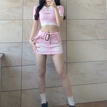 Pink Denim Low Waist Belt A-Line Skirt
