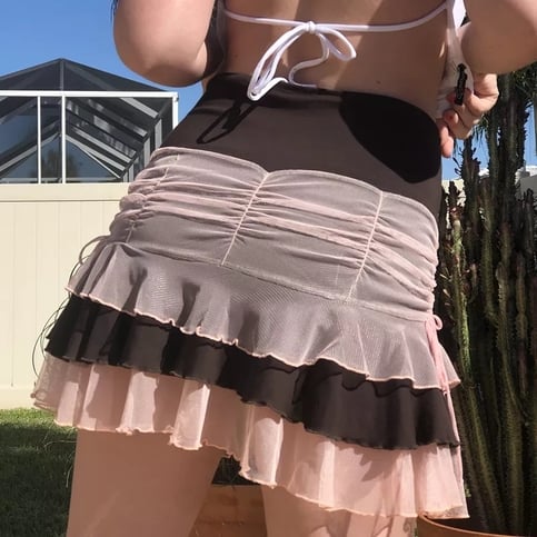 Brown Vintage Patchwork Pleated Ruffle Mini Skirt