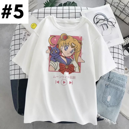 Cute Japanese Anime Girl Cartoon Print Loose Short Sleeve Shirt Aesthetic Casual E-Girl Kawaii Korean Japanese Harajuku