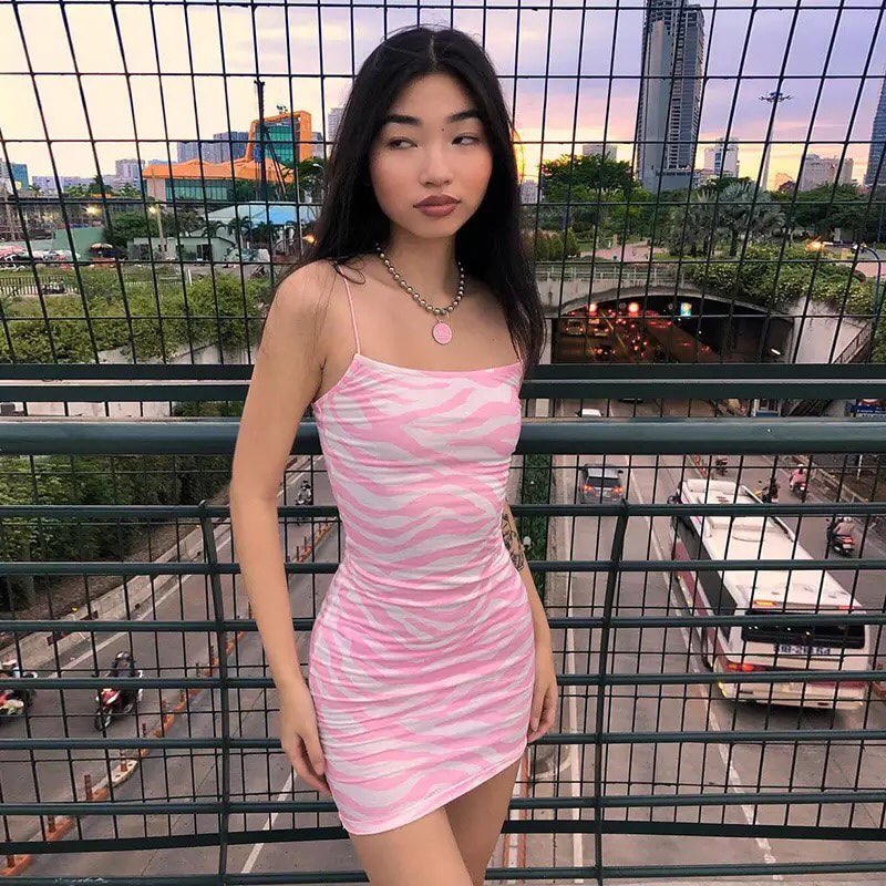 Pink Zebra Print Backless Bodycon Dress Party Club Summer Aesthetic Casual E-Girl Kawaii Korean Japanese Harajuku