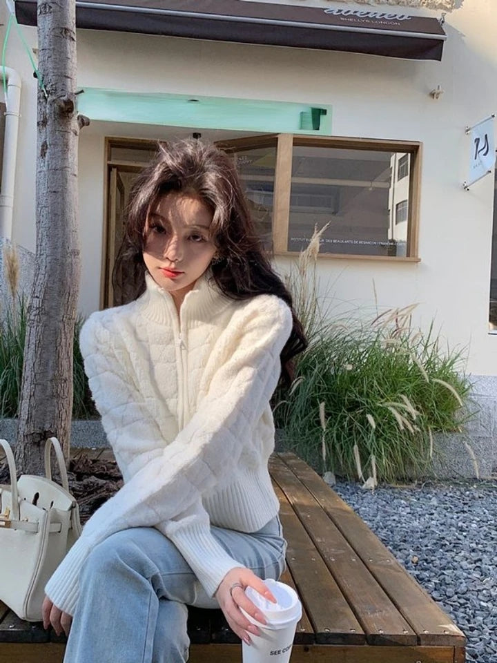 White Turtleneck Zipper Sweater