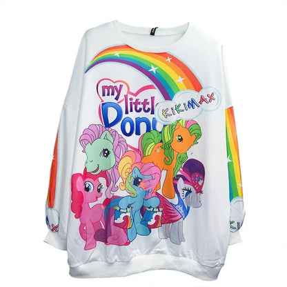 Cute Rainbow Colorful Pony Cartoon Print Oversized Sweatshirt Long Sleeve Shirt Pullover Aesthetic Casual E-Girl Kawaii Korean Japanese Harajuku
