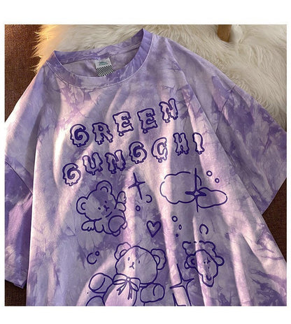 Cute Vintage Retro 90s Tie Dye Aesthetic Bear Short Sleeve Tee Shirt Top Oversize Loose Summer E-Girl Kawaii Korean Japanese Harajuku Streetwear