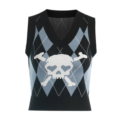 Cute Sexy V Neck Skull Print Knit Vest Sleeveless Crop Top Punk Goth Aesthetic Casual Summer E-Girl Kawaii Korean Japanese Harajuku