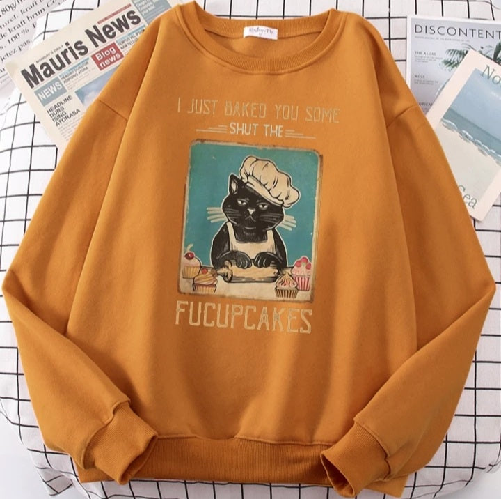 Cute Funny Cat Baking Cupcakes Cartoon Print Sweatshirt Pullover Hoodie Aesthetic Casual E-Girl Kawaii Korean Japanese Harajuku