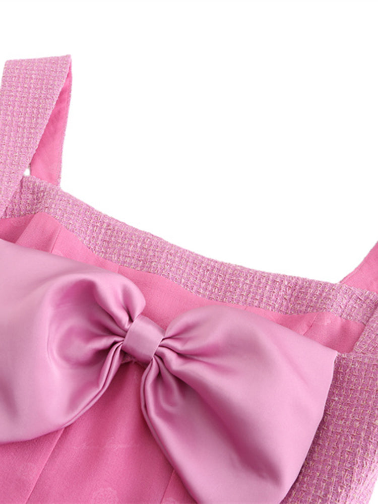 2PCs Pink Tweed Square Collar Top + Shorts Set