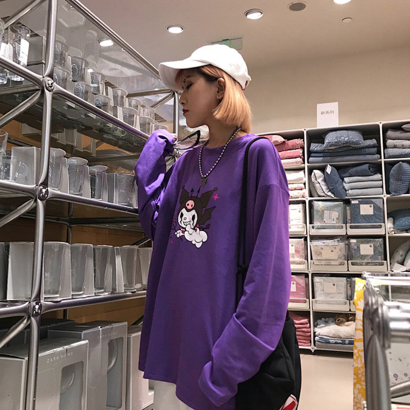 Cute Purple Devil Demon Print Anime Cartoon Casual Oversized Long Sleeve Tee Shirt T-shirt Top E-Girl Kawaii Korean Japanese Harajuku Streetwear