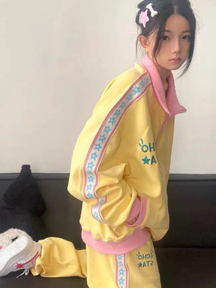 Yellow Y2K Star Embroidery Zip Up Jacket