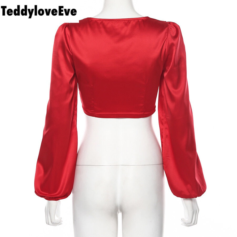 Cute Sexy Red Chiffon Low Cut Crop Top Long Sleeve Shirt Tee T-shirt E-Girl Kawaii Korean Japanese Harajuku Chinese Retro Streetwear Aesthetic