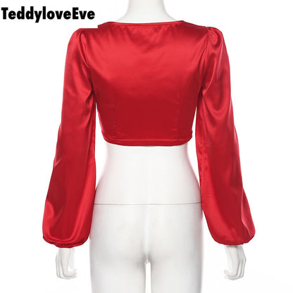 Cute Sexy Red Chiffon Low Cut Crop Top Long Sleeve Shirt Tee T-shirt E-Girl Kawaii Korean Japanese Harajuku Chinese Retro Streetwear Aesthetic