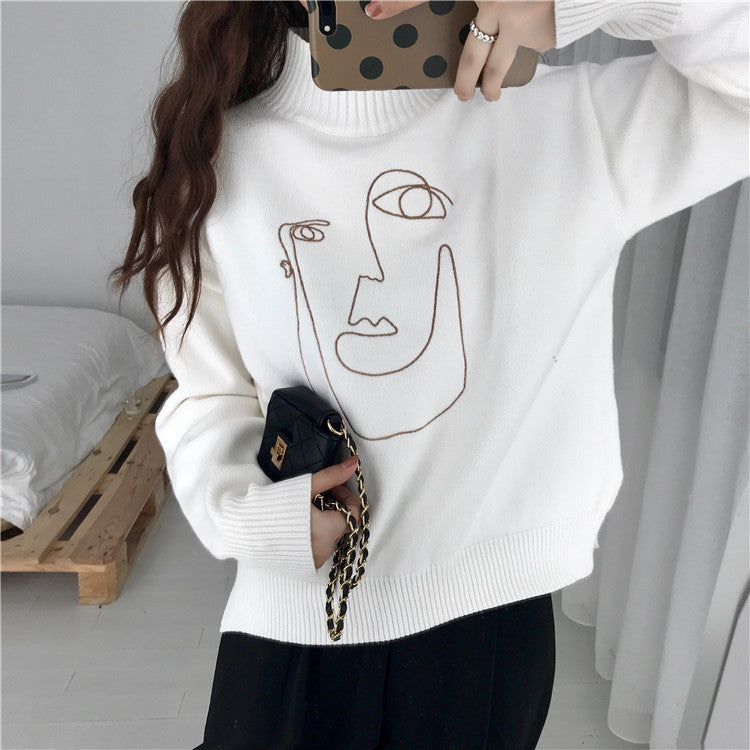 Cute Geometric Face Knit Turtleneck Oversized Sweater Long Sleeve Shirt Pullover Sweatshirt E-Girl Kawaii Korean Japanese Harajuku Retro Streetwear
