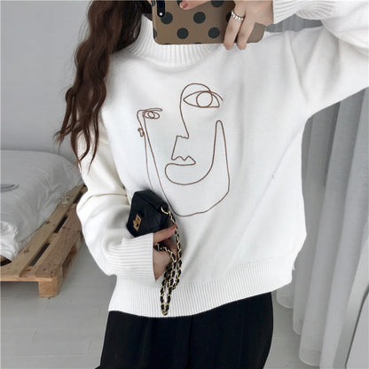Cute Geometric Face Knit Turtleneck Oversized Sweater Long Sleeve Shirt Pullover Sweatshirt E-Girl Kawaii Korean Japanese Harajuku Retro Streetwear