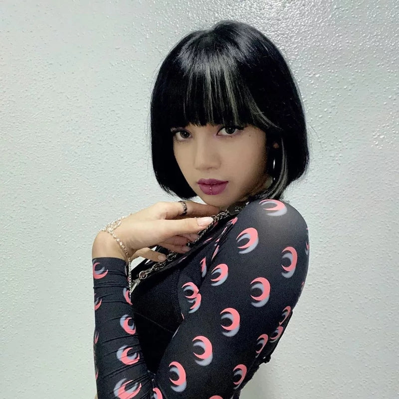 Cute Sexy 2pcs Moon Print Long Sleeve T-shirt Crop Top With Bra Camisole Summer Aesthetic Casual E-Girl Kawaii Korean Japanese Harajuku