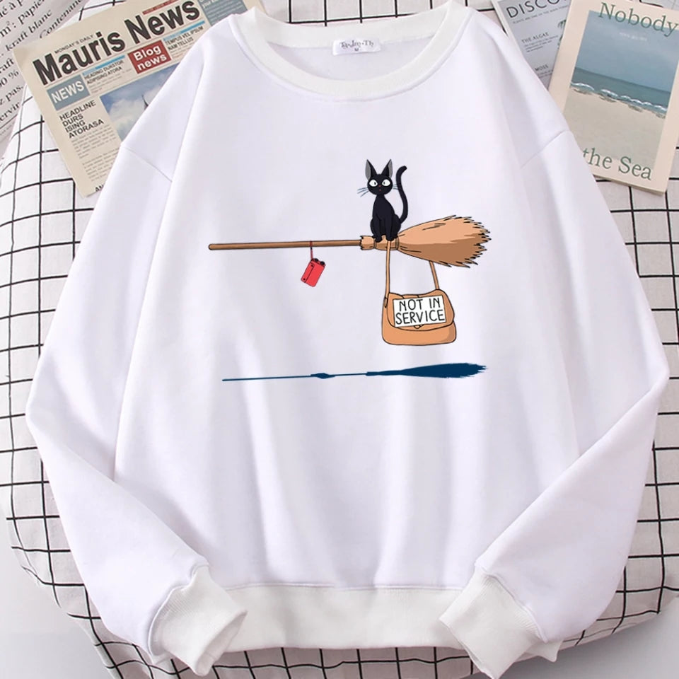 Cute Black Cat Japanese Anime Cartoon Print Oversized Fleece Crewneck